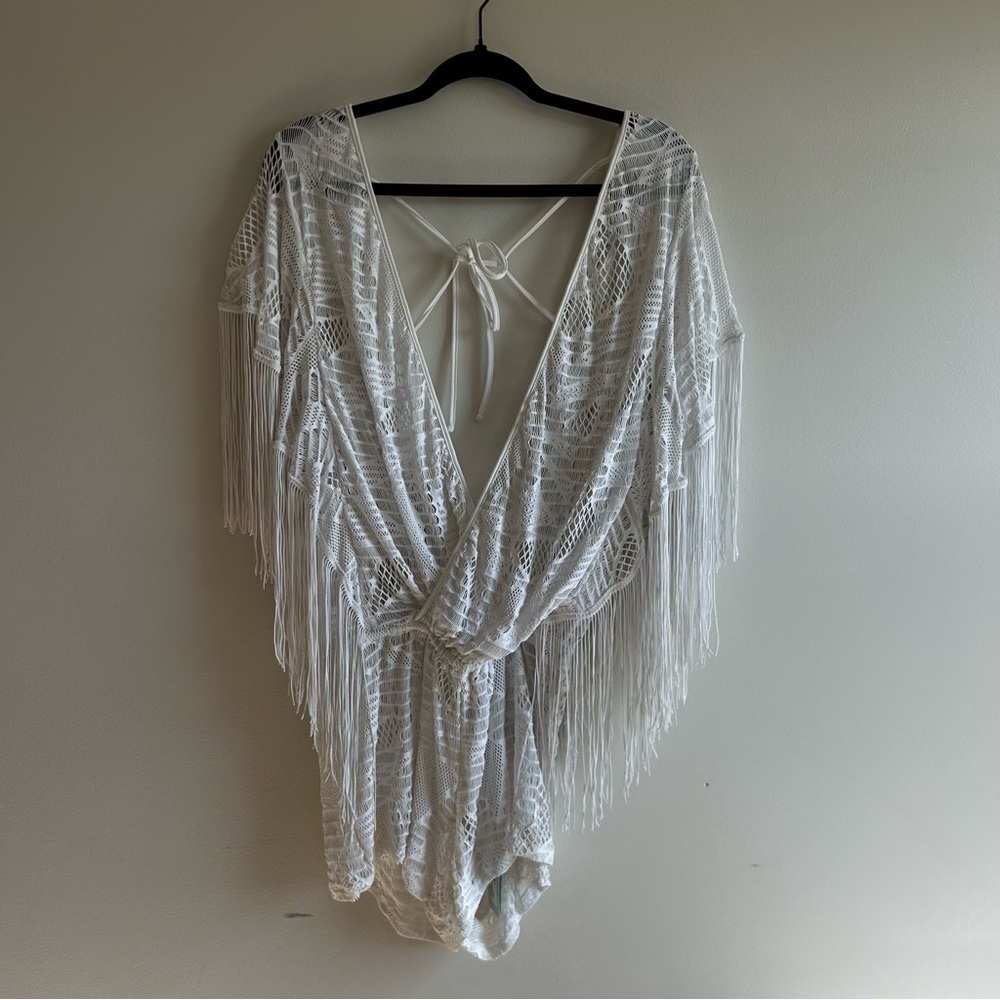 Luli Fama Miami El Carnaval Butterfly Fringe Romper white, size large NWT